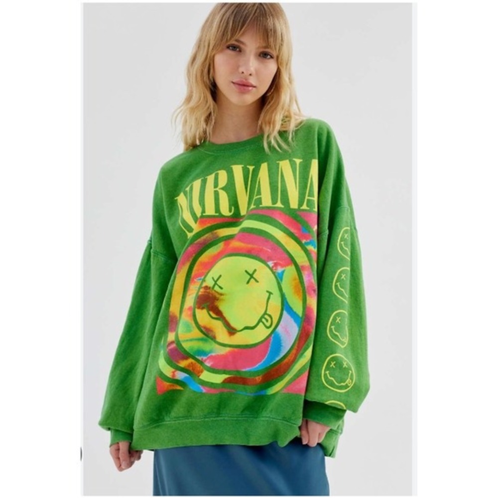 Urban Outfitters Nirvana Smiley Face Graphic Sweatshirt Green Oversized S/M